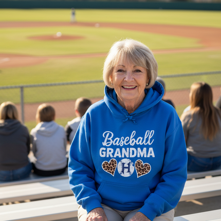 Blue hoodie with 'Baseball Grandma' text and heart designs