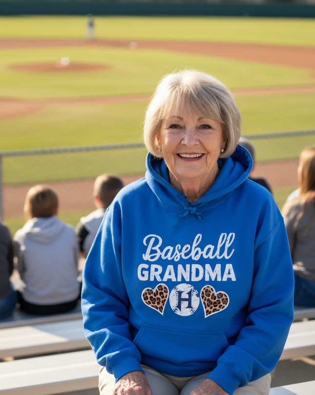 Blue hoodie with 'Baseball Grandma' text and heart designs